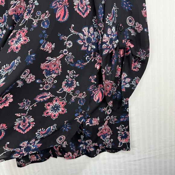 Catherine’s Black Peasant Blouse Women 2X Sheer Button Up Boho Chic Pink Floral - Picture 5 of 9